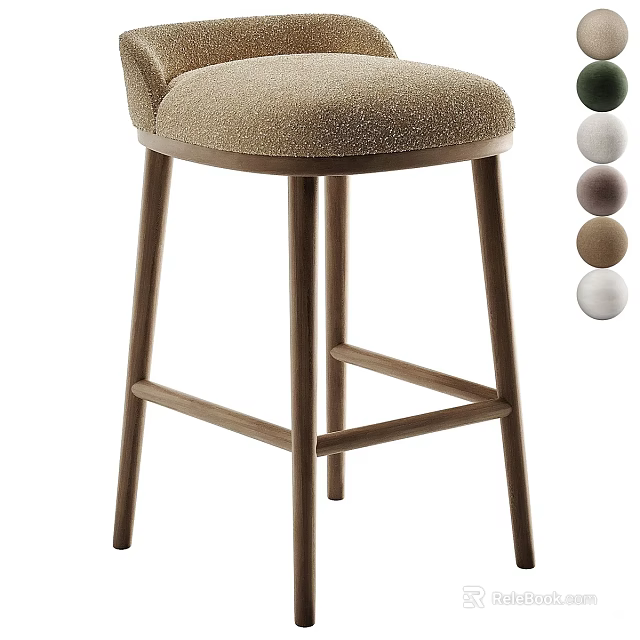 Modern Beige Bar Stool With Upholstered Seat Wooden Legs And Multiple Color Options 3d model 