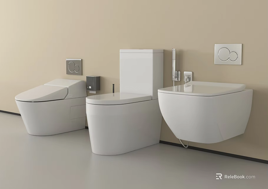 Modern White Bathroom Toilets With Wall Mounted And Floor Standing Designs And Control Panels 3d model 