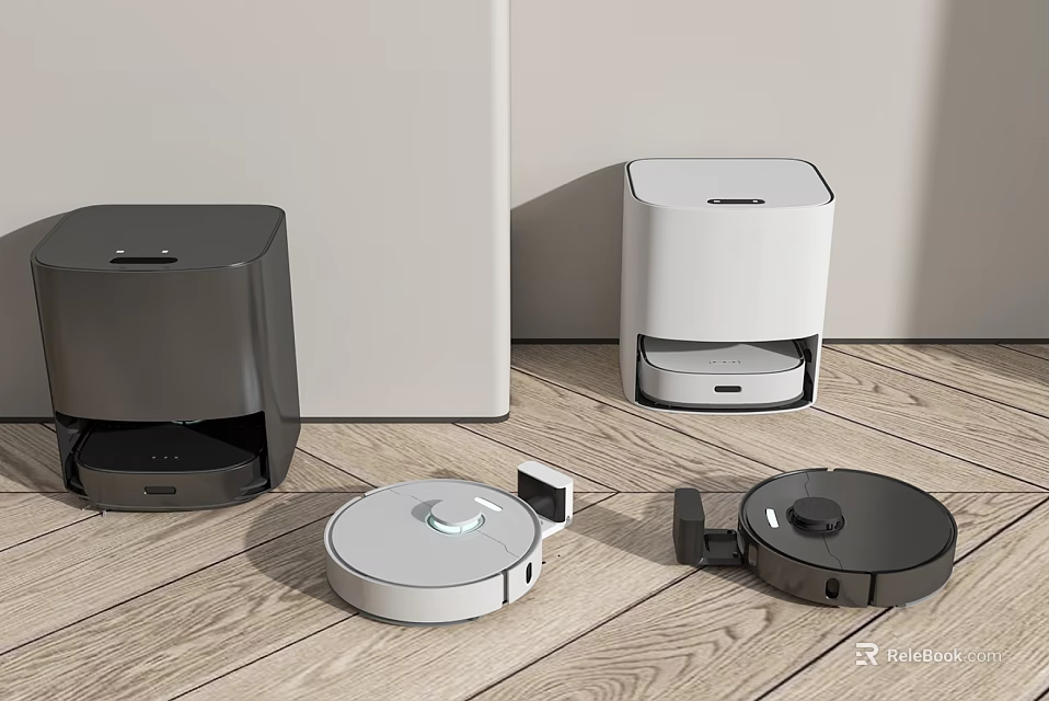 Smart Robotic Vacuum Cleaners With Charging Docks On Wooden Floor Surface 3d model 