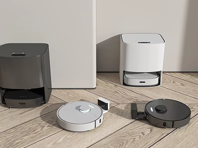 Smart Robotic Vacuum Cleaners With Charging Docks On Wooden Floor Surface 3d model
