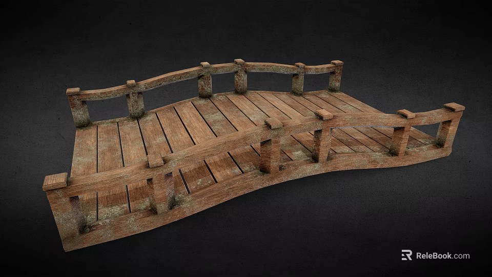 Rustic Arched Wooden Bridge Featuring Railings And Weathered Wooden Planks 3d model 