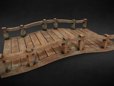 Rustic Arched Wooden Bridge Featuring Railings And Weathered Wooden Planks 3d model