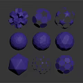 Shiny Purple Geometric Spheres With Polyhedron Shapes And Hollow Designs On Dark Background
