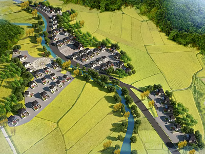 Rural Residential Area Birds Eye View Planning With Farmland River And Roads 3d model