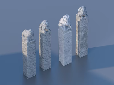 Detailed Stone Lion Head Sculptures Carved On Four Tall Pillars 3d model