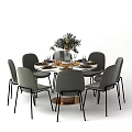 Modern Round Dining Table Set with Six Gray Chairs Green Plant Vase Tableware Wine Glasses