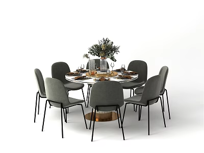 Modern Round Dining Table Set with Six Gray Chairs Green Plant Vase Tableware Wine Glasses 3d model