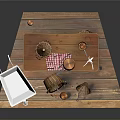 Rustic Wooden Table Setup With Baskets Clay Pots Lantern And Checkered Cloth On Wooden Floor