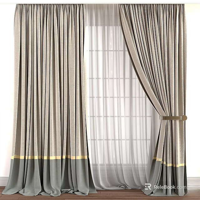 Gray Gold Trim Thick Curtains With Sheer Layer And Tieback For Home Window Design 3d model 
