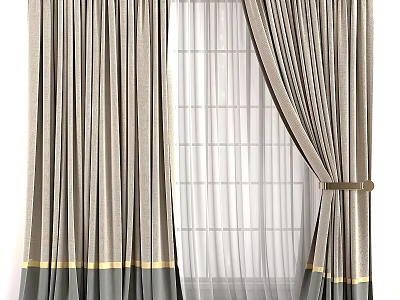 Gray Gold Trim Thick Curtains With Sheer Layer And Tieback For Home Window Design 3d model
