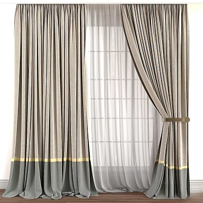 Gray Gold Trim Thick Curtains With Sheer Layer And Tieback For Home Window Design 3d model