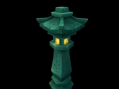 Green Stone Outdoor Light with Traditional Carved Design and Illuminated Pagoda Top 3d model