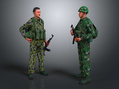 Game and Movie Military Characters in Camouflage Uniforms with Gear and Firearms Talking 3d model