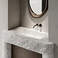 Modern Bathroom Vanity With Stone Countertop And Oval Mirror In Arched Niche Design