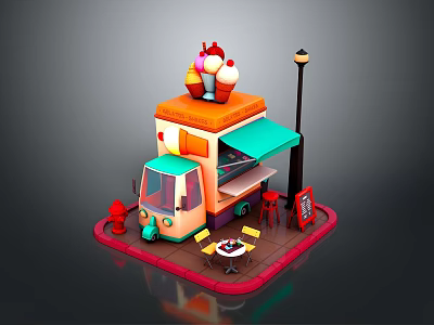 Colorful Ice Cream Cart Setup With Stacked Ice Cream Cones Street Lamp Tables Chairs 3d model