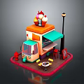Colorful Ice Cream Cart Setup With Stacked Ice Cream Cones Street Lamp Tables Chairs