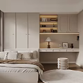 Modern Minimalist Bedroom With White Bed Pillows Desk Lamp And Bookshelves