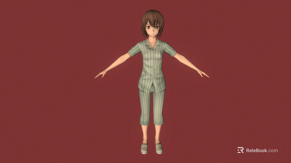 3D Character In Striped Pajamas With Arms Outstretched Standing On Red Background 3d model 