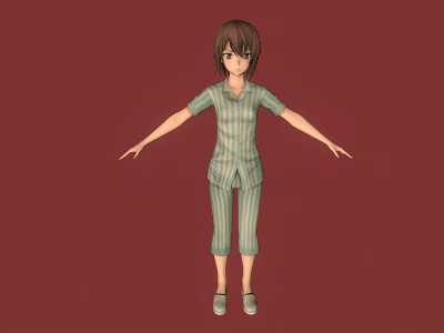 3D Character In Striped Pajamas With Arms Outstretched Standing On Red Background 3d model