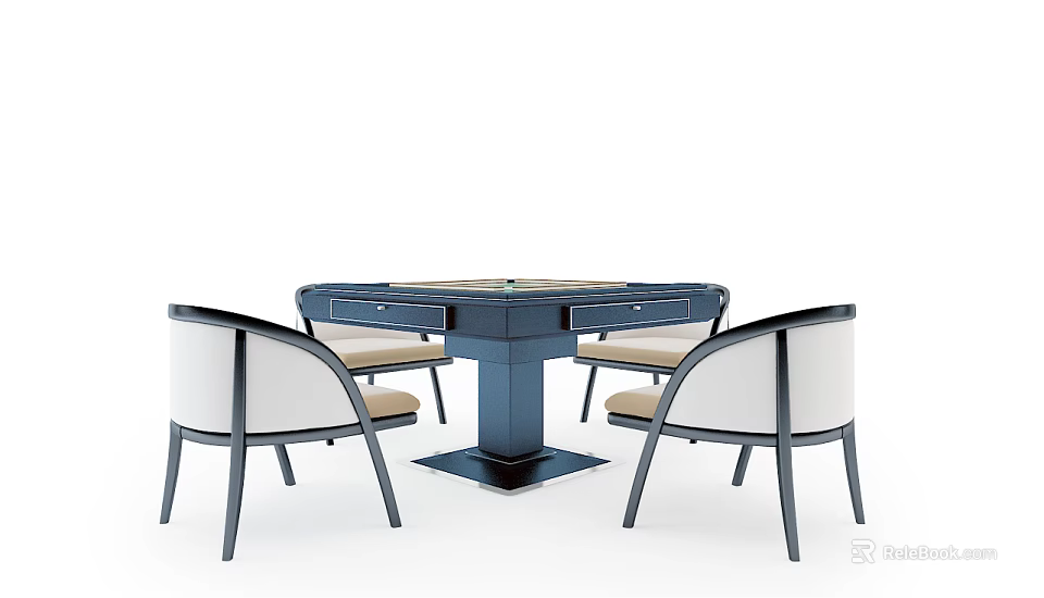 Entertainment Table With Drawers And Four Upholstered Chairs Dark Blue Frame 3d model 