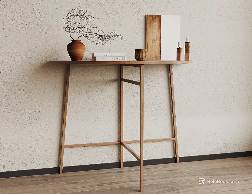 Wooden Console Table Displaying Terracotta Vase Dried Branches Decorative Items On Light Wall Wooden Floor 3d model 