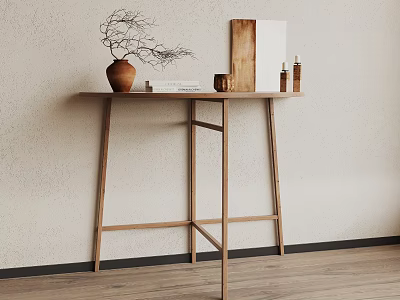 Wooden Console Table Displaying Terracotta Vase Dried Branches Decorative Items On Light Wall Wooden Floor 3d model