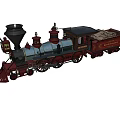 Vintage Red And Black Steam Train With Large Smokestack Headlight And Loaded Cargo Cars
