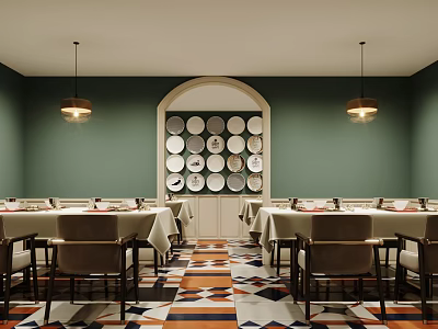Stylish Restaurant Interior With Green Walls Arched Decor Plate Wall Pendant Lights And Geometric Floor Tiles 3d model