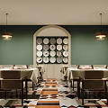 Stylish Restaurant Interior With Green Walls Arched Decor Plate Wall Pendant Lights And Geometric Floor Tiles