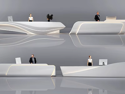 Modern Curved White Reception Desk Design With Staff And LED Lighting In Commercial Lobby 3d model