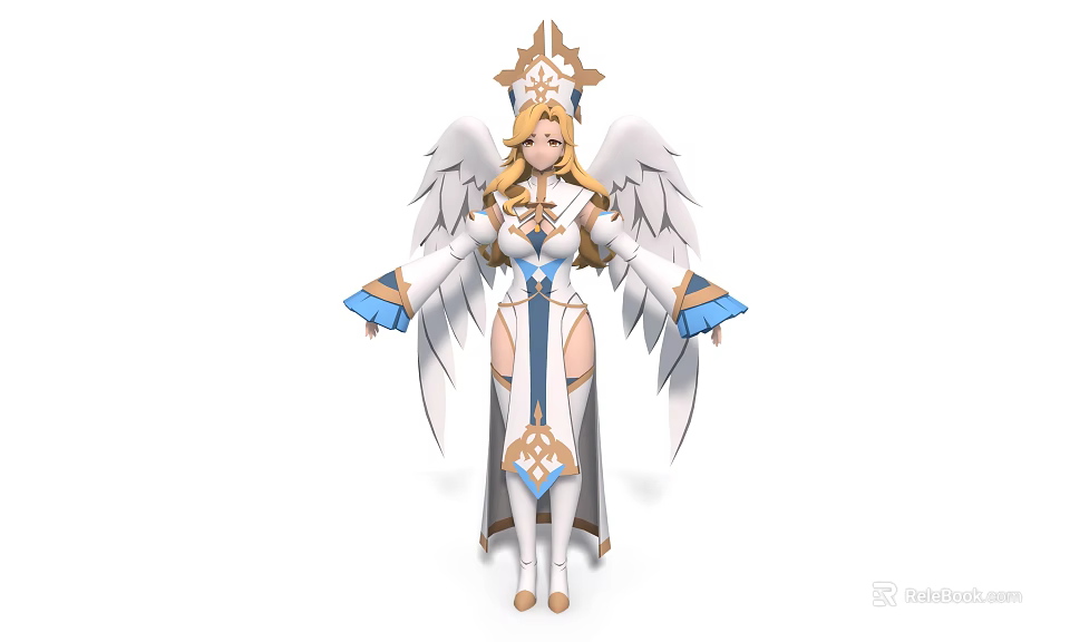 Woman in Angelic Costume with White Wings Golden Crown and Blue Accents 3d model 