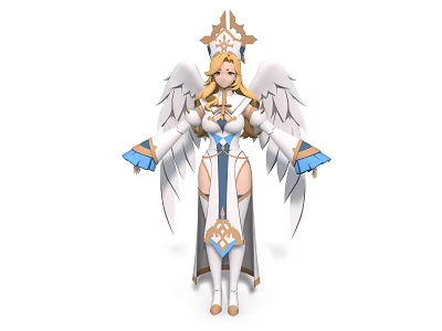 Woman in Angelic Costume with White Wings Golden Crown and Blue Accents 3d model