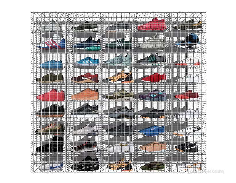 Organized Grid Design Shoe Cabinet With Neatly Arranged Various Colorful Shoes 3d model 