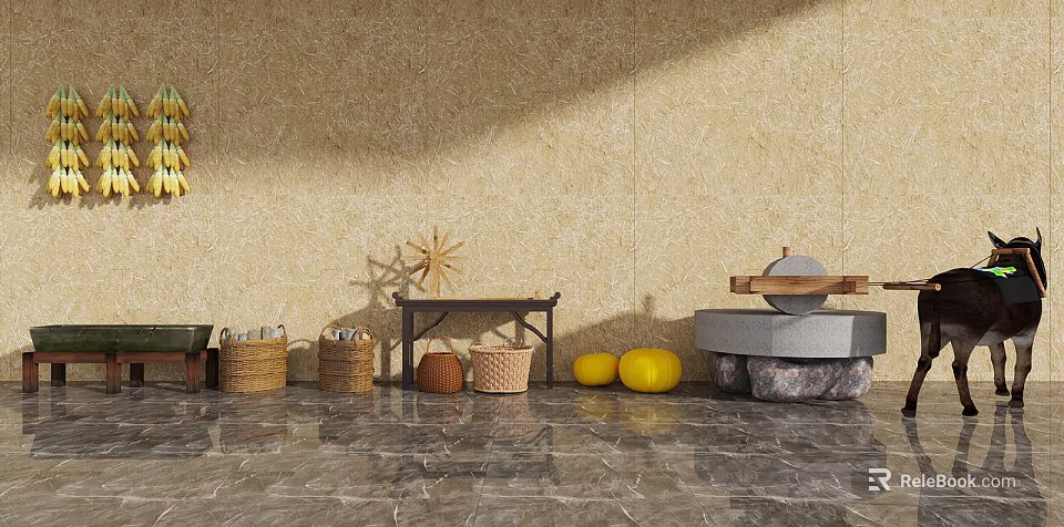 Charming Garden Decorations with Woven Baskets Yellow Pumpkins and Stone Mill 3d model