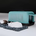Two Cats Sleeping On Patterned Mats Next To Open Light Blue Pet Carrier 3d model