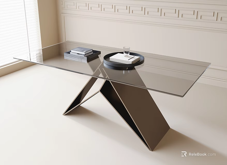 Modern Glass Dining Table With Black Metal Legs Tray Books And Cup 3d model 