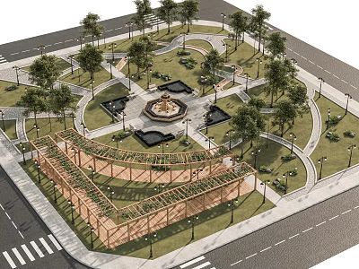Scenic Park Landscape With Central Fountain Trees Pathways Pergola And Green Lawns 3d model