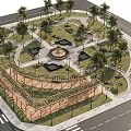 Scenic Park Landscape With Central Fountain Trees Pathways Pergola And Green Lawns