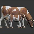 Brown And White Adult Cow With Calf Standing On Green Base Against Gray Background