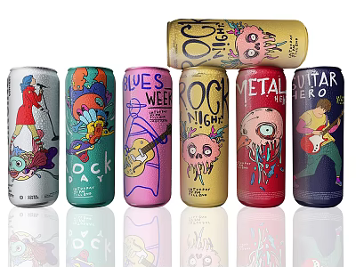 Multiple Colorful Canned Beverages With Artistic Illustrations And Music Themes 3d model