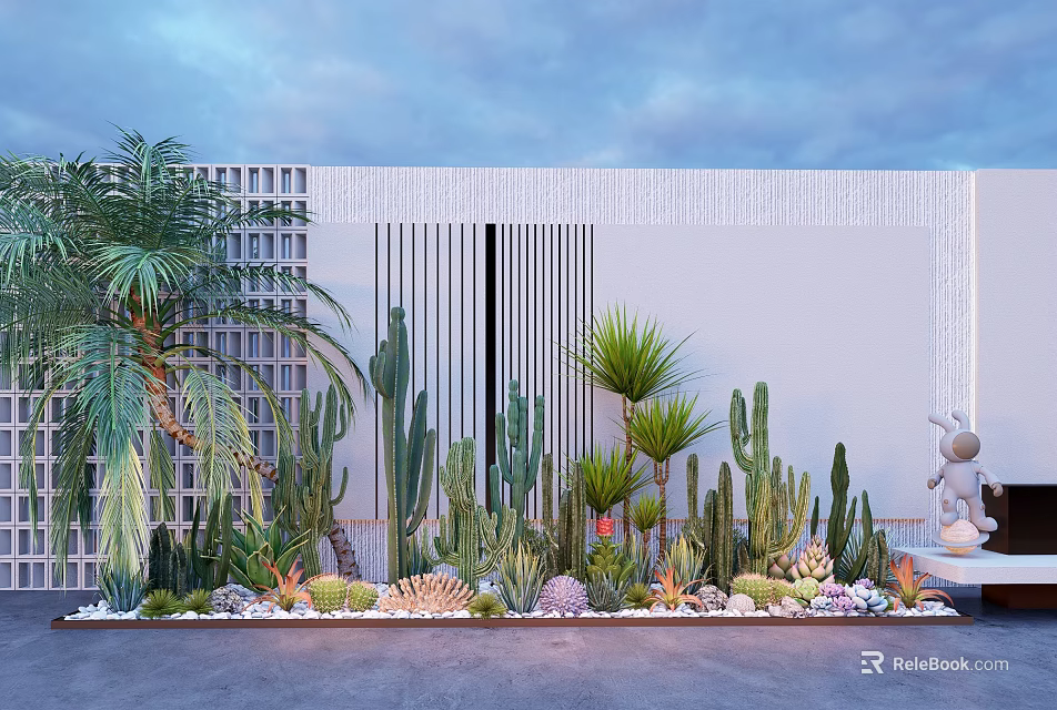 Vibrant Outdoor Flower Garden With Cacti Succulents Palm Trees And White Wall Design 3d model 