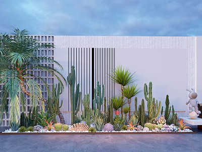 Vibrant Outdoor Flower Garden With Cacti Succulents Palm Trees And White Wall Design 3d model