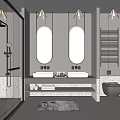 Modern Bathroom Interior With Double Mirrors Double Vanity Glass Shower Stone Countertop Gray Rug