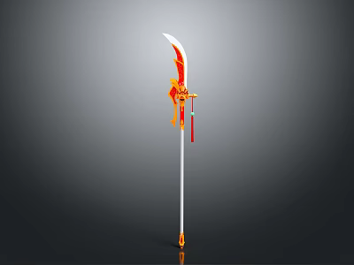 Ornate Long Handled Weapon With Red Gold Decoration And White Blade 3d model
