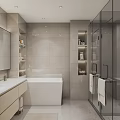 Modern Bathroom Interior Design With Double Vanity Large Mirror Niche Shelves And Bathtub