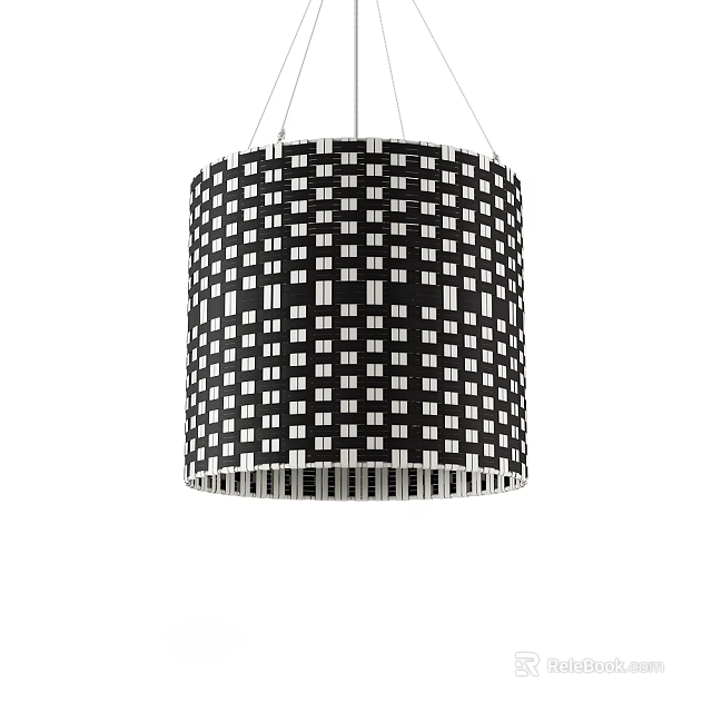 Stylish Black And White Grid Pattern Cylindrical Chandelier With Fabric Lampshade Design 3d model 