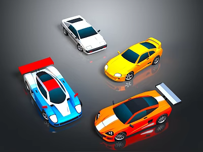 Four Colorful Sports Cars With Rear Spoilers In White Yellow Blue Orange 3d model