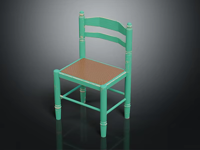 Turquoise Green Wooden Chair With Slatted Back Carved Legs And Woven Brown Seat 3d model