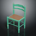 Turquoise Green Wooden Chair With Slatted Back Carved Legs And Woven Brown Seat