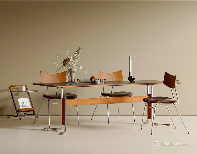 Modern Dining Table And Chairs Set With Wooden Backrest Metal Legs And Dried Flower Arrangement 3d model 